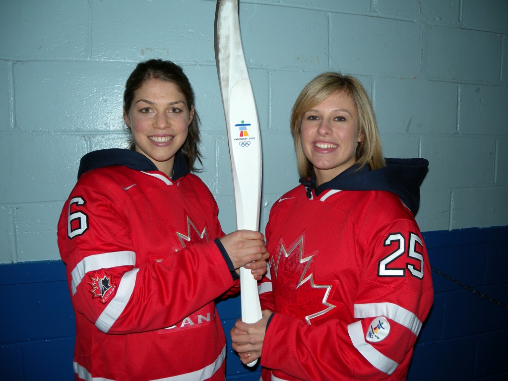 Rebecca Johnston and Tessa Bonhomme, members Canada's national women's hockey team, 2010 Olympics.